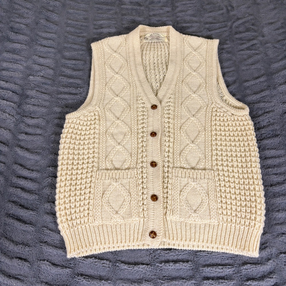 Blarney Woollen Mills Irish Aran Wool Cable Knit Vest Cream V-Neck AR918